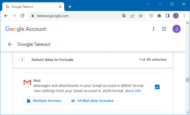 Google Takeout, step “Select data to include”, with only Mail checked — the export is in MBOX format