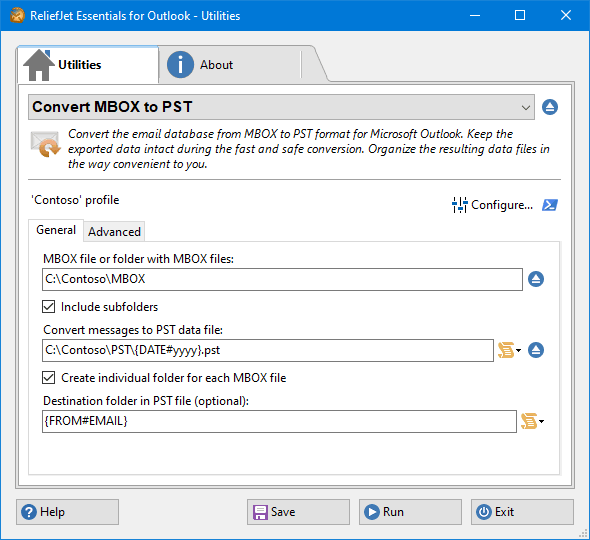 The converter window: source MBOX file or folder, destination PST data file, and the Run button.