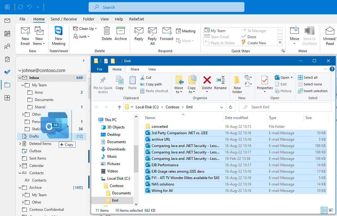 A Windows folder of EML files next to Outlook, ten messages selected for drag and drop